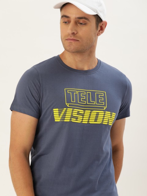 

SINGLE Men Blue Printed Round Neck T-shirt