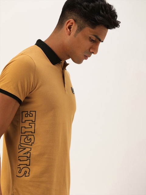 

SINGLE Men Mustard Solid Slim Fit Polo Collar Pure Cotton T-shirt With Printed Detailing