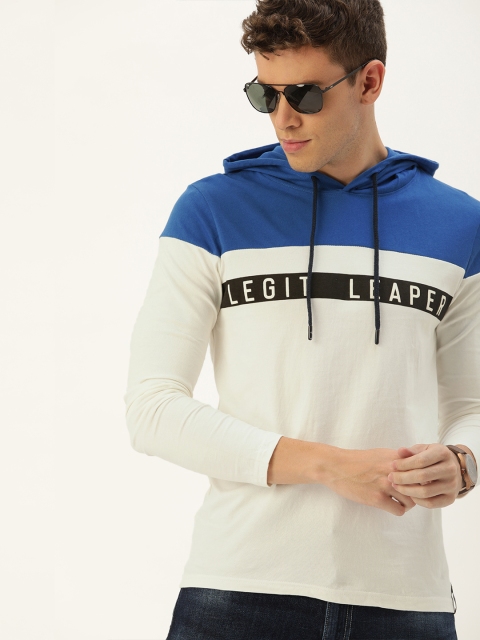 

SINGLE Men White & Blue Colourblocked Hood T-shirt