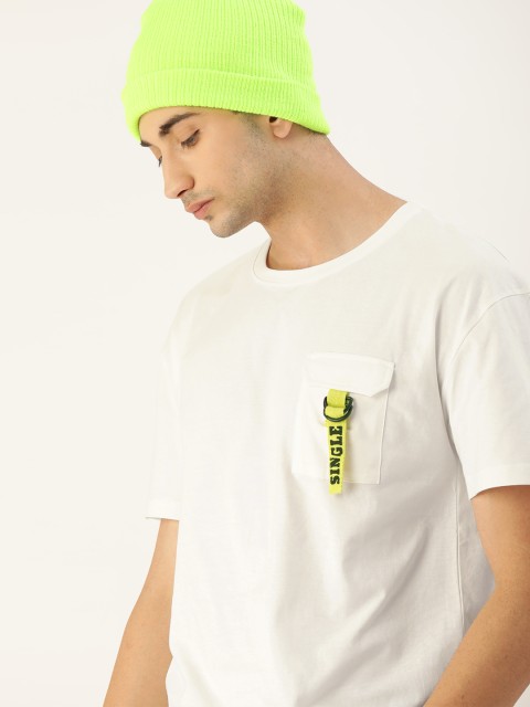 

SINGLE Men Off-White Solid Round Neck Pure Cotton T-shirt