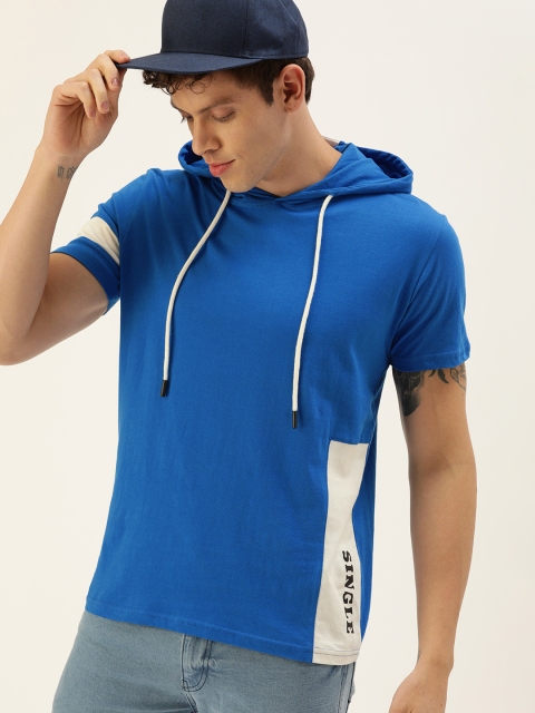 

SINGLE Men Blue Solid Hood Pure Cotton T-shirt