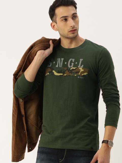 

SINGLE Men Olive Green Printed Round Neck Pure Cotton T-shirt