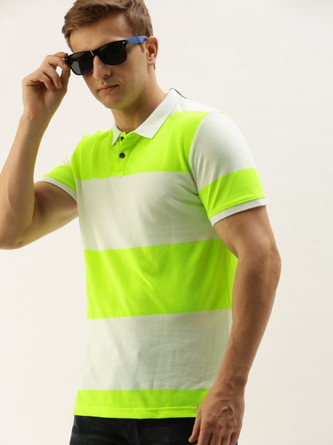 

SINGLE Men Green Striped Slim Fit Polo Collar T-shirt