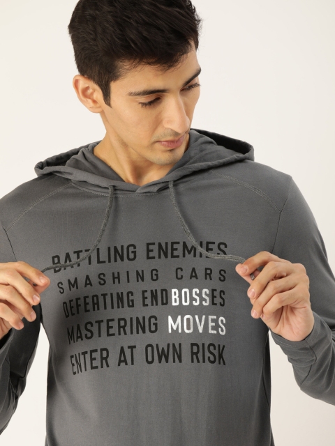 

SINGLE Men Charcoal-Grey Printed Hood T-shirt