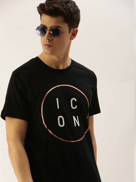 

SINGLE Men Black Printed Round Neck T-shirt