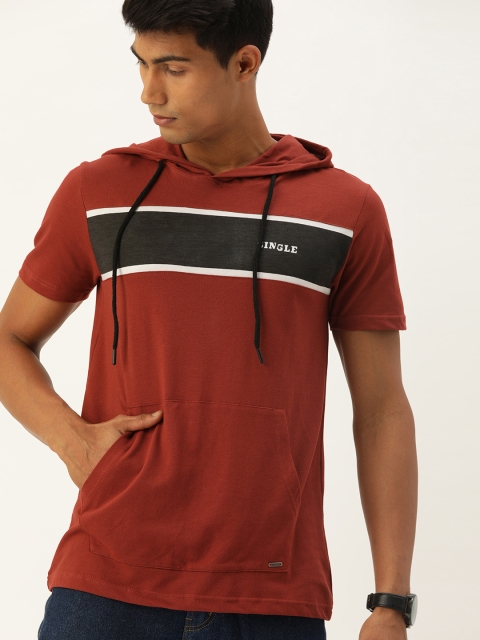 

SINGLE Men Maroon & Navy Blue Colourblocked Hood T-shirt