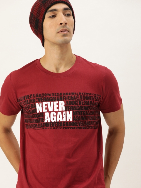 

SINGLE Men Maroon Printed Round Neck T-shirt