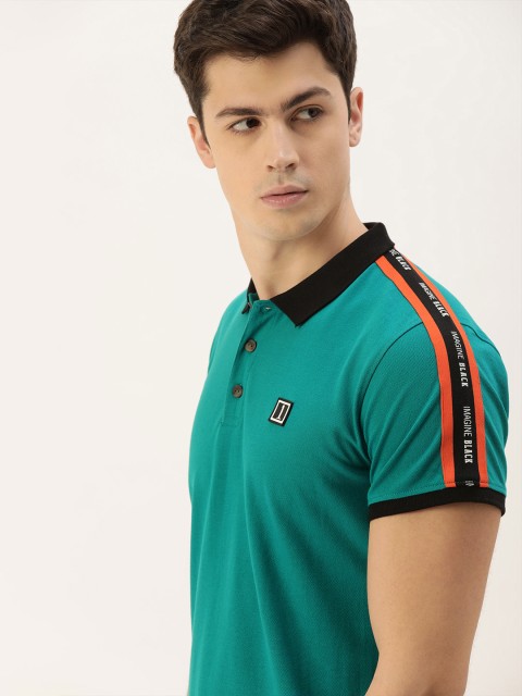 

SINGLE Men Teal Green Solid Slim Fit Contrast Polo Collar T-shirt