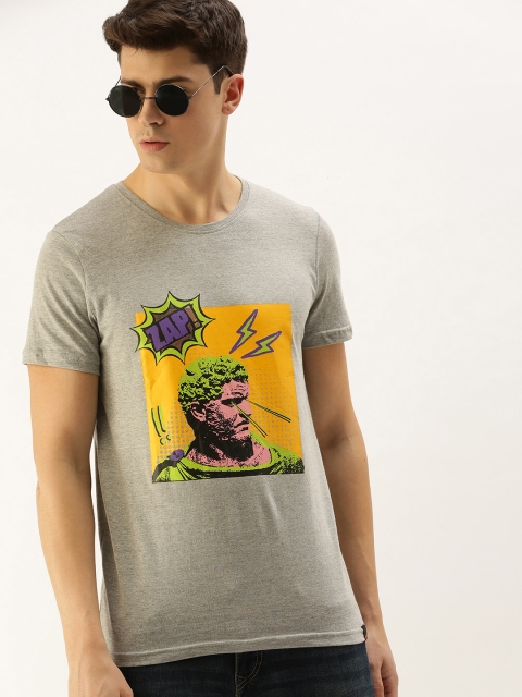 

SINGLE Men Grey Printed Slim Fit Round Neck Pure Cotton T-shirt