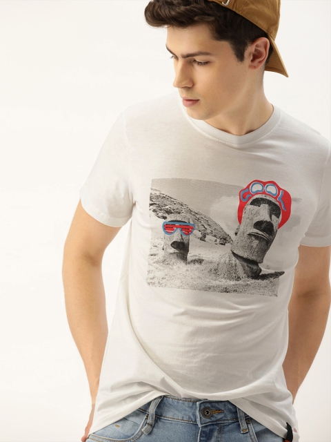 

SINGLE Men White Printed Round Neck T-shirt