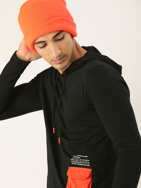 

SINGLE Men Black Solid Hooded T-shirt With Printed Detailing