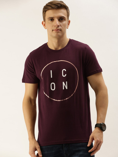 

SINGLE Men Burgundy Printed Round Neck T-shirt