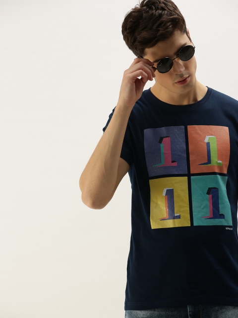 

SINGLE Men Navy Blue Printed Slim Fit Round Neck T-shirt