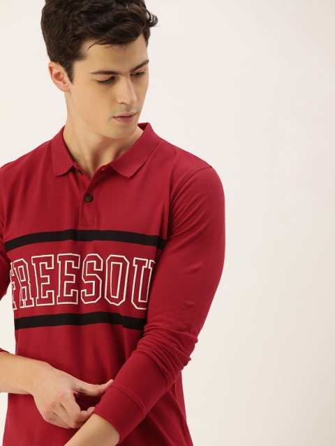 

SINGLE Men Red Printed Slim Fit Polo Collar Pure Cotton T-shirt