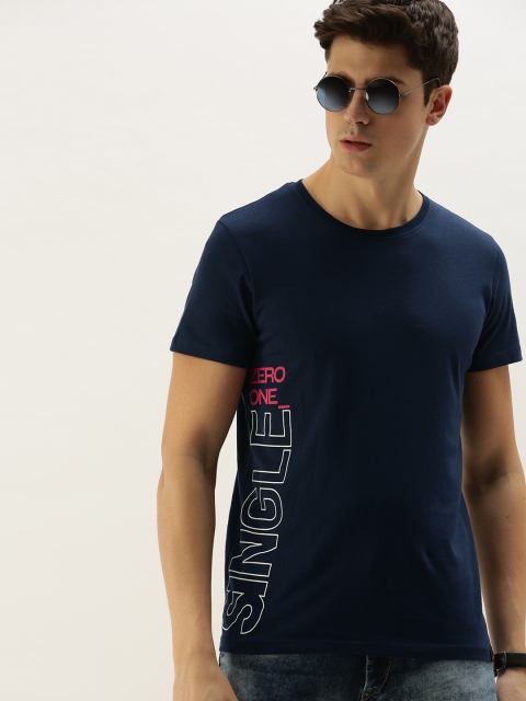 

SINGLE Men Navy Blue Printed Slim Fit Round Neck T-shirt
