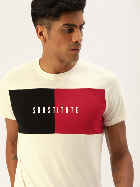 

SINGLE Men Off-White Colourblocked Slim Fit Round Neck Pure Cotton T-shirt With Printed Detailing