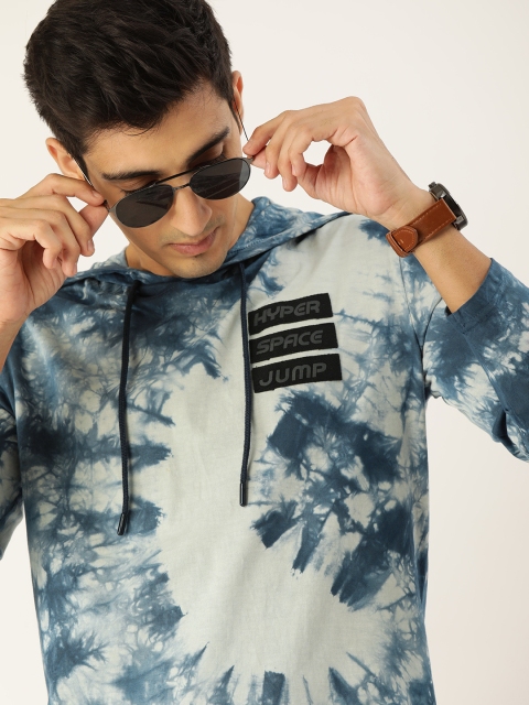 

SINGLE Men Blue & White Tie & Dye Printed Hooded T-shirt