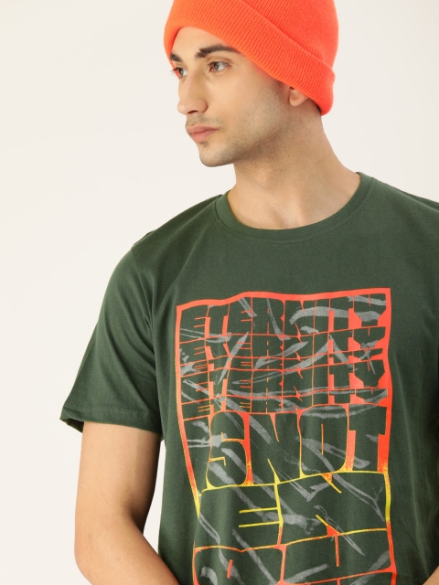

SINGLE Men Olive Green Printed Round Neck T-shirt