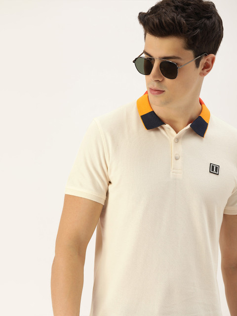 

SINGLE Men Off-White Solid Slim Fit Contrast Polo Collar T-shirt