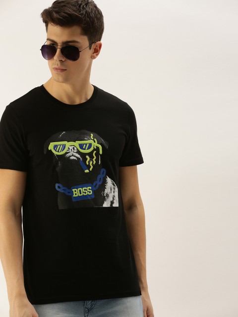 

SINGLE Men Black Printed Slim Fit Round Neck T-shirt
