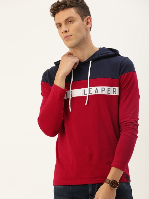 

SINGLE Men Maroon & Navy Blue Colourblocked Hood T-shirt