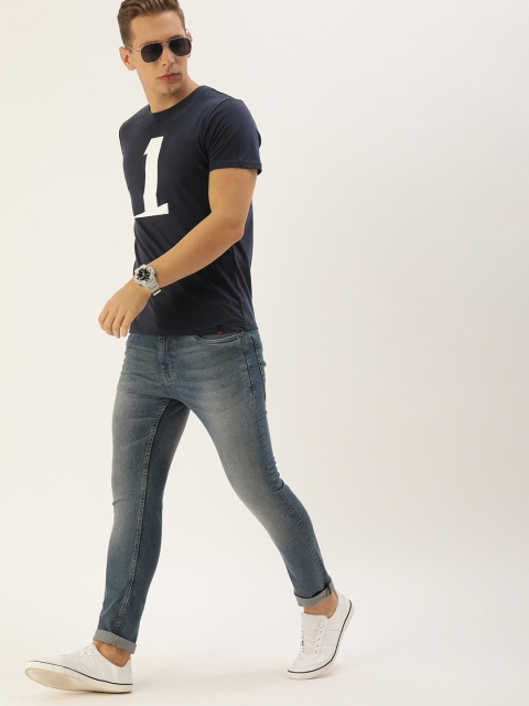 

SINGLE Men Navy Blue Printed Round Neck T-shirt