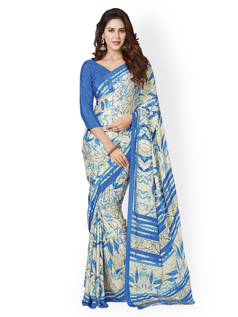 

Ligalz Blue & Cream-Coloured Crepe Printed Saree