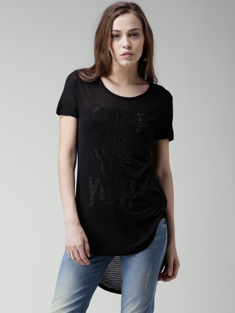 

Silvian Heach Black Self-Striped Embellished High-low Top