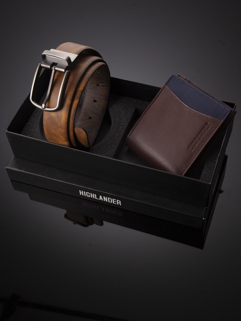 

HIGHLANDER Men Coffee Brown Colourblocked Wallet & Camel Brown Reversible Belt Gift Set