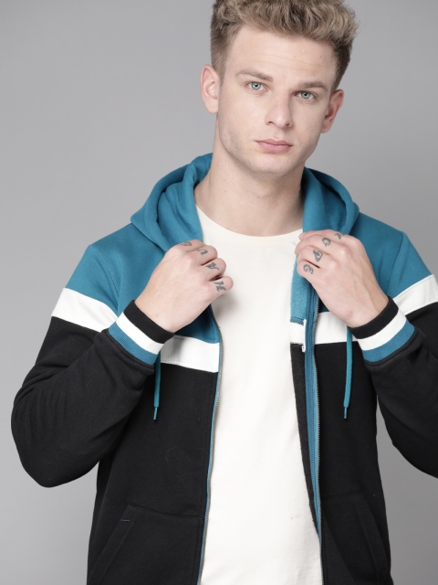 

Roadster Men Black & Blue Antiviral & Antibacterial protection Colourblocked Hooded Sweatshirt