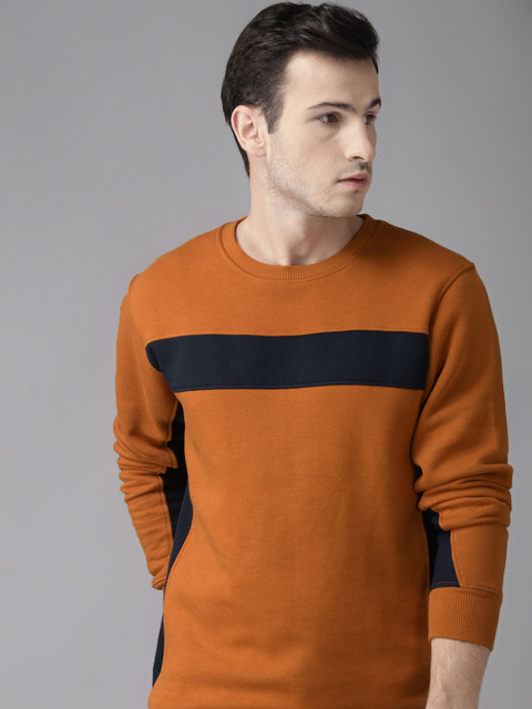 

Roadster Men Rust Orange & Navy Blue Antiviral & Antibacterial protection Colourblocked Sweatshirt