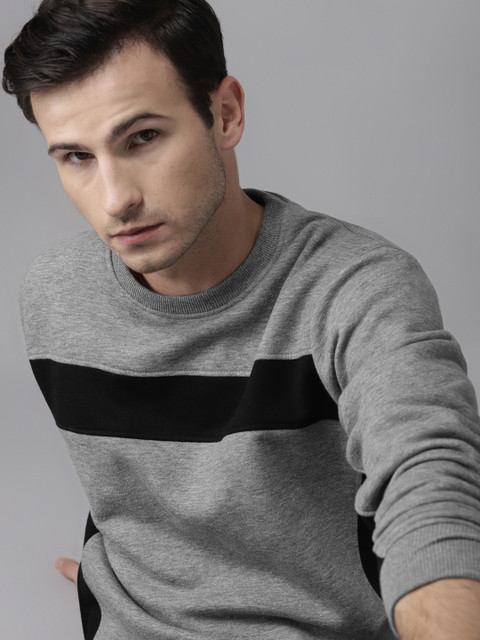 

Roadster Men Grey Melange & BlackAntiviral & Antibacterial protection Colourblocked Sweatshirt