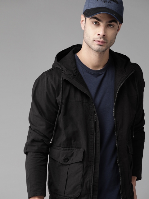 

Roadster Men Black Solid Hooded Tailored Jacket