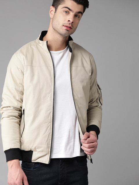 

Roadster Men Cream-Coloured Solid Bomber Jacket