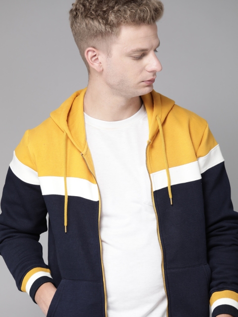 

Roadster Men Navy Blue & YellowAntiviral & Antibacterial protection Colourblocked Hooded Sweatshirt