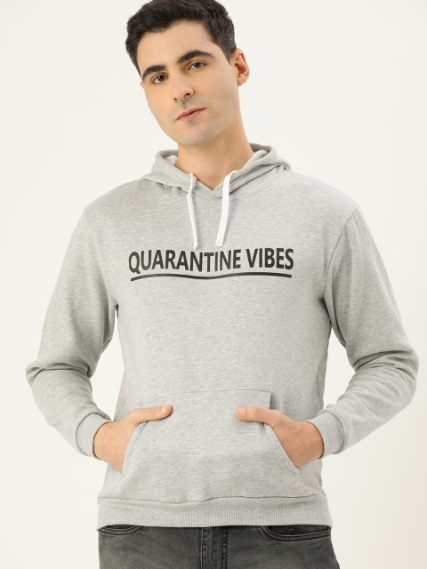 

Campus Sutra Men Grey Melange Printed Bio Wash Hooded Pullover Sweatshirt