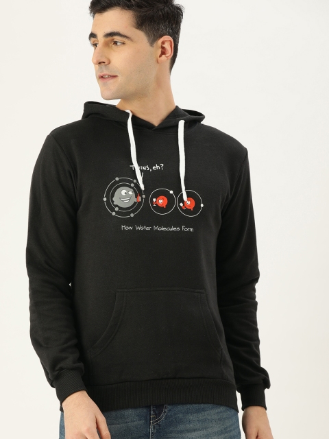 

Campus Sutra Men Black Printed Hooded Bio Wash Sweatshirt