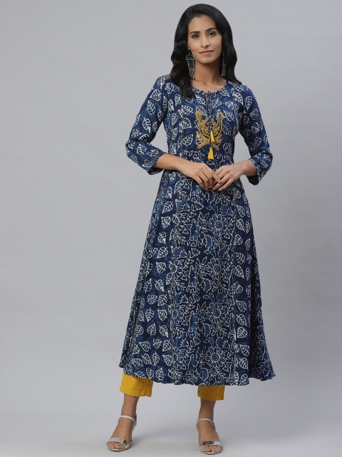 

PINKSKY Women Navy Blue & Off-White Printed Kurta with Trousers