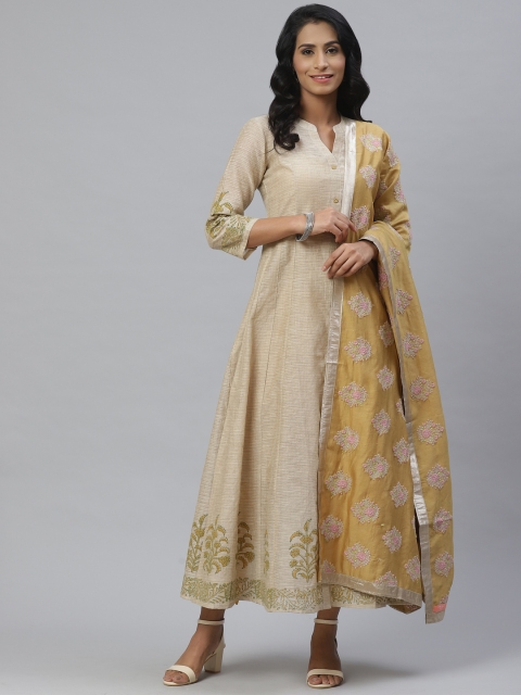 

PINKSKY Women Beige Jacquard Self-Striped and Block Printed Anarkali Kurta With Dupatta