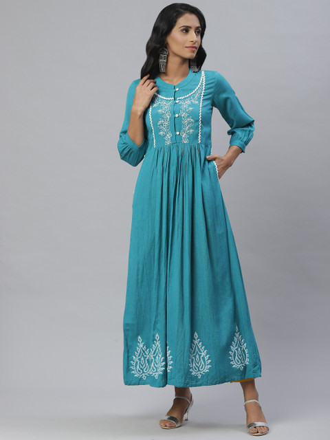 

PINKSKY Women Blue & White Embroidered Detail Maxi Dress