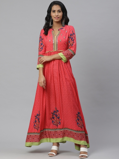 

PINKSKY Women Pink & Blue Screen Printed Asymmetric Anarkali Kurta with Trousers