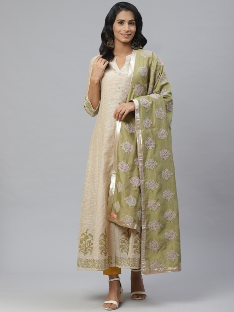 

PINKSKY Women Beige Woven Design A-Line Kurta with Dupatta