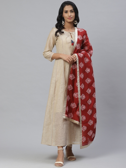 

PINKSKY Women Beige Woven Design A-Line Kurta With Embroidered Dupatta
