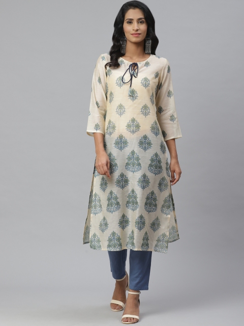 

PINKSKY Women Beige & Blue Printed Kurta with Trousers