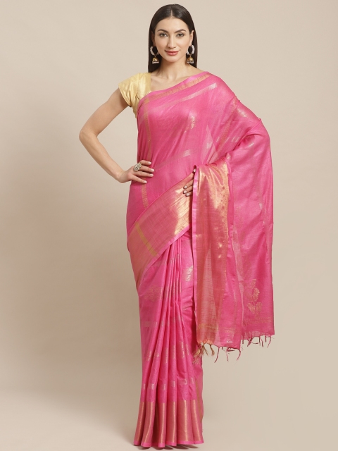 

swatika Pink & Golden Zari Woven Design Handloom Bhagalpuri Saree