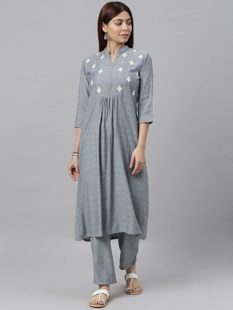

ETIQUETTE Women Blue Yoke Design Gather Detail Kurta with Trousers