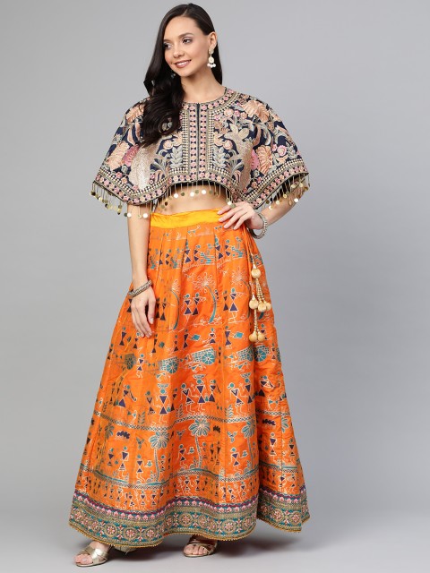 

Readiprint Fashions Orange Semi-Stitched Banarasi Lehenga & Unstitched Blouse with Dupatta