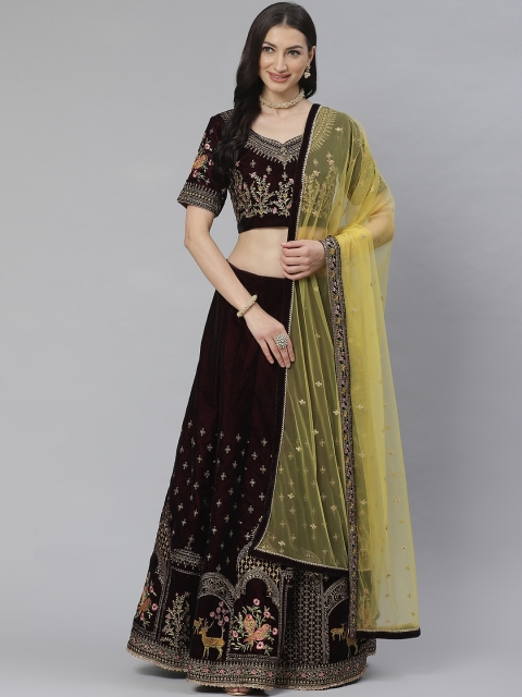 

Readiprint Fashions Burgundy & Yellow Embellished Semi-Stitched Lehenga & Unstitched Blouse with Dupatta