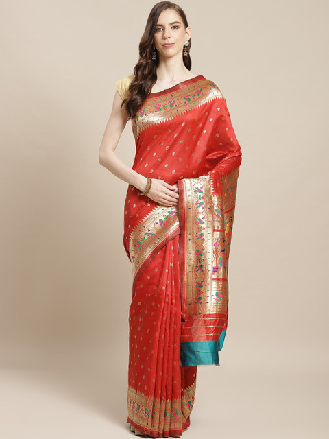 

Nanda Silk Mills Red & Golden Jacquard Woven Design Saree