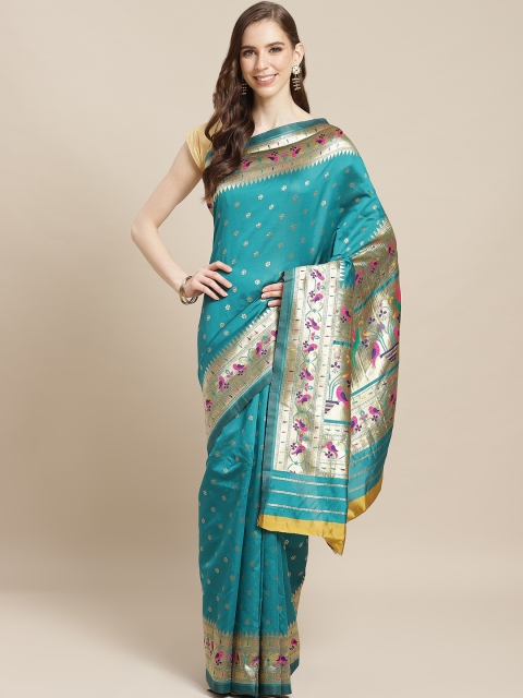 

Nanda Silk Mills Teal Blue & Golden Jacquard Woven Design Saree
